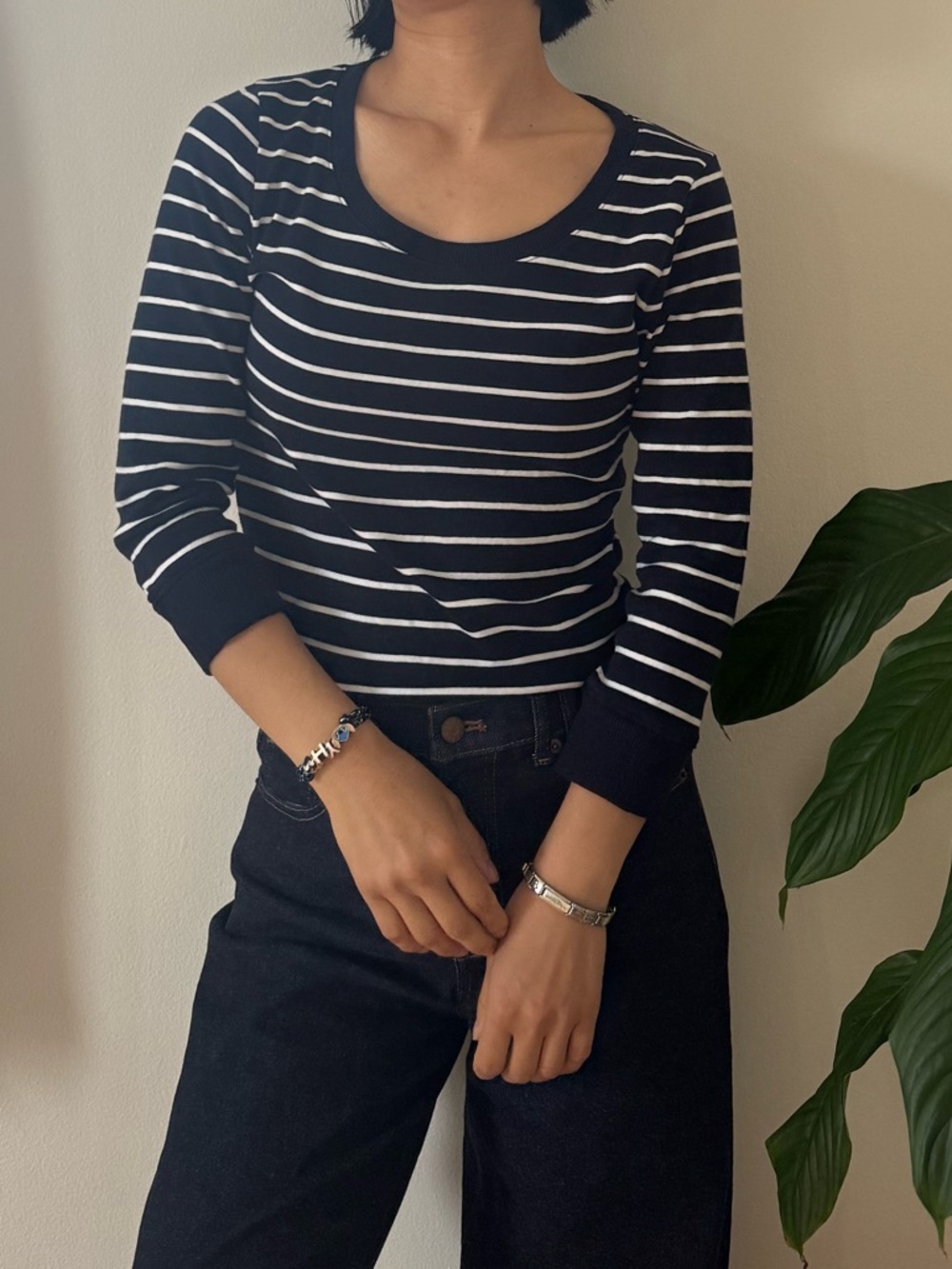 Jones New York Signature 100% Cotton Navy White Stripes Y2K Top Size Small